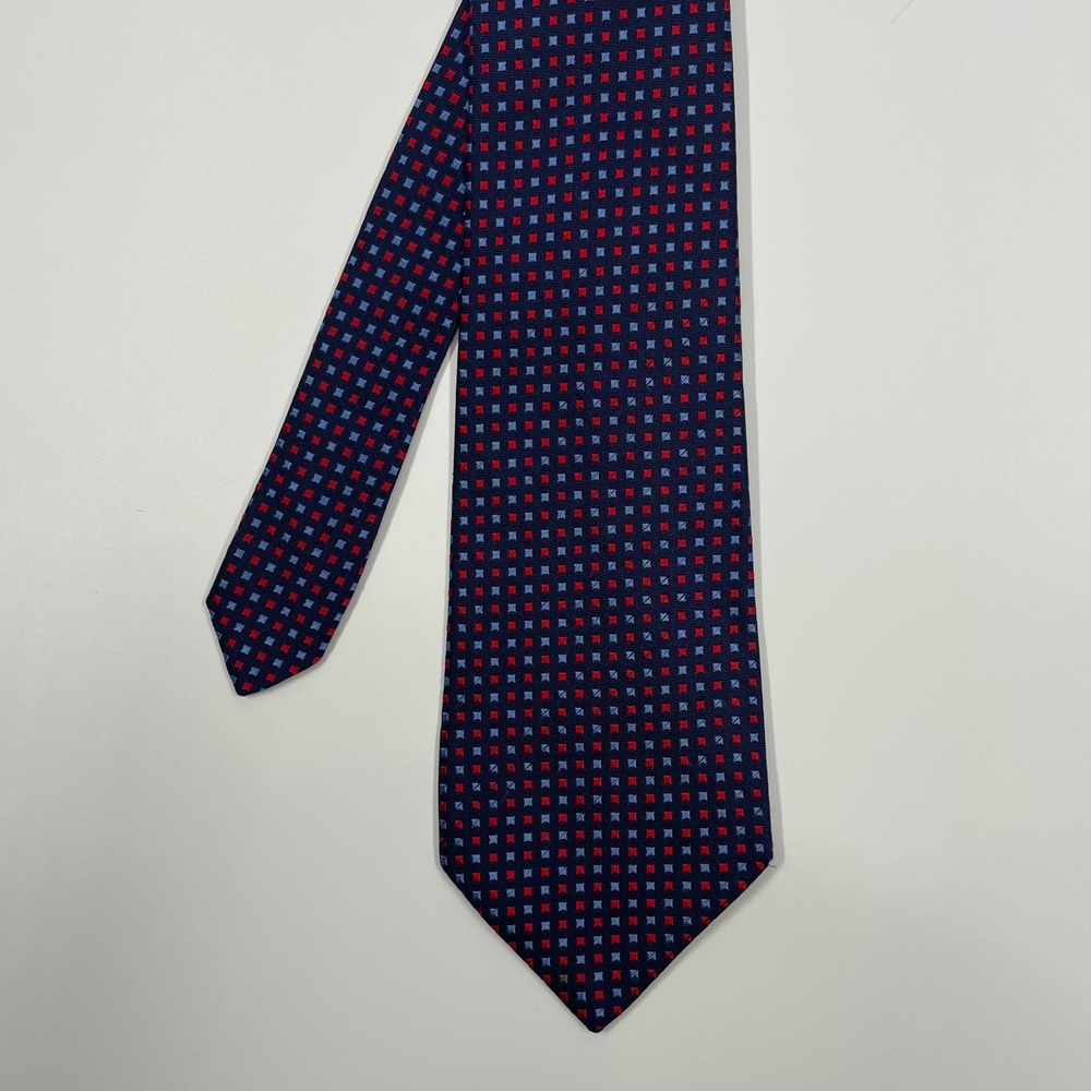 Harvie & Hudson Navy Blue Red Geometric Silk Necktie Mens One Size